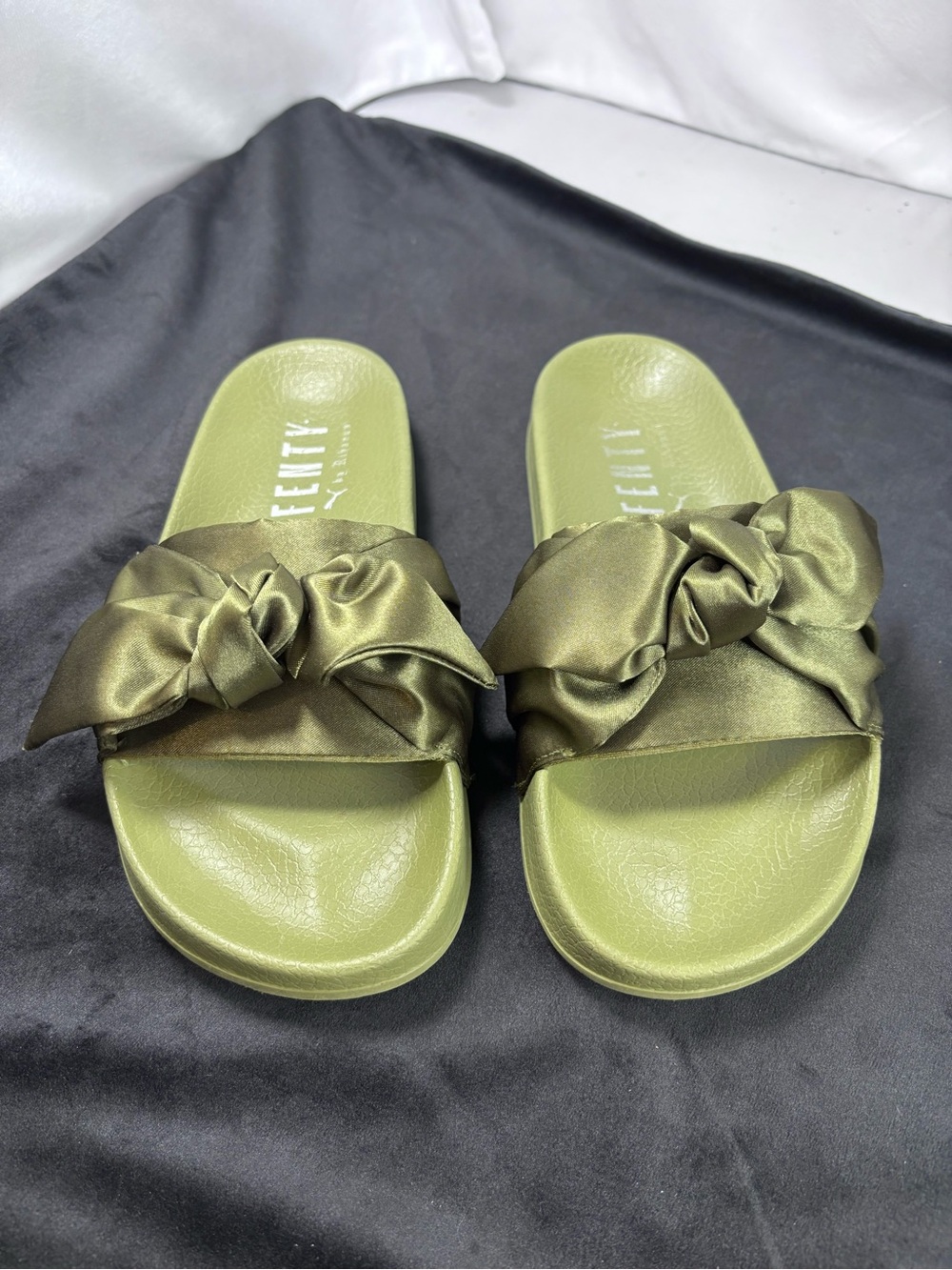 PUMA x FENTY by Rihanna Olive Green Satin Bow Slide Sandals | Women’s US 6 - Picture 2 of 10